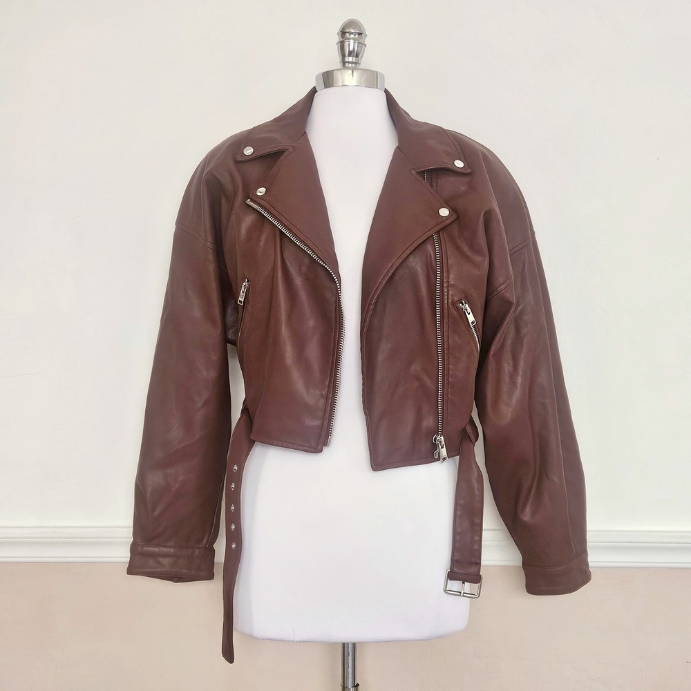 Lamarque Women's Mahogany Brown Dani Moto Jacket Large Cropped Belted Fall - Picture 3 of 14